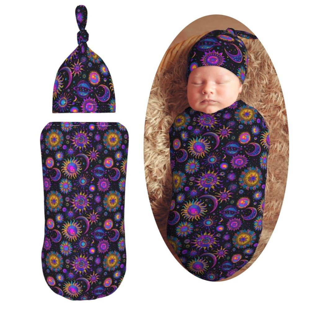 Muishi Neon Suns Moons Mandala Newborn Swaddle Blankets Hat Sets Soft Baby Receiving Blanket Swaddle Sack for Baby Shower Infant Boy Girl Gift