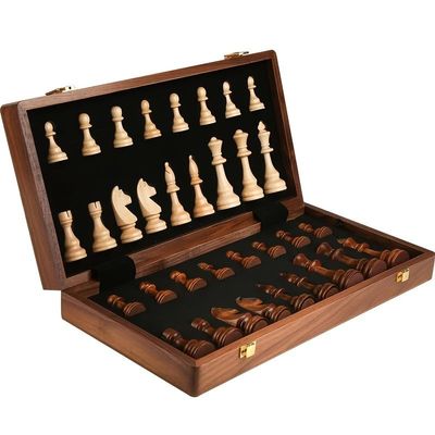 15" Folding Walnut Chess Set with Storage - Tournament-Size Portable Chess Board for Adults, Travel, Family Game Night, Gifts
