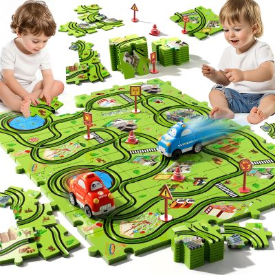 Beby Buty 48PCS Puzzle Race Track Car Set for Toddlers Kids Boys, Toddler Toys Gifts for 3 4 5 Year Old Boys and Girls, Floor Puzzle Tracks Car Toys for Ages 3-5 4-6