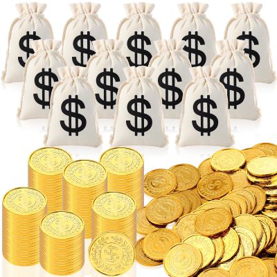 Bulyoou 200 Pcs Fake Gold Coins and 12 Pcs Canvas Money Bags with Drawstring Pirate Treasure Hunt Prop Money Coins Gold Coin Toy for Halloween Pirate Adventure Party Birthday Decorations