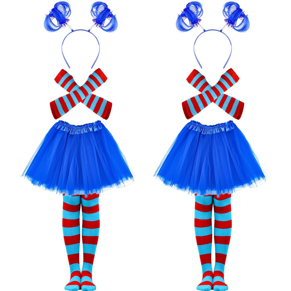 8 PCS Tulle Tutu Costume Accessories Set, Blue Red 3 Layered Tulle Tutu Skirt 2 Striped Socks 2 Ponytails Wig Headband 2 Arm Warmer Gloves For Kids 2 Girls School Reading Christmas Halloween Costumes