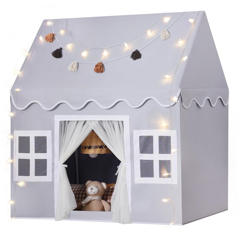 Senodeer Kids Play Tent Indoor: Mat, Tassel Garland, Star Lights - Gray Girl Tent Playhouse for Boys Kids Toys for Boy Girl Birthday Gift
