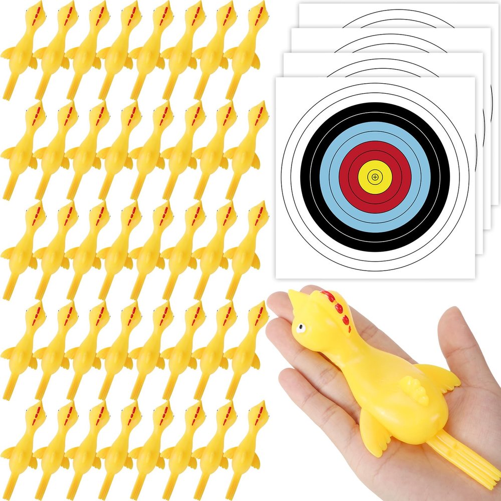 RoundFunny 12 Set Extended Version Slingshot Chickens with Cardboard Target 6.3 Inch Rubber Flying Chicken Finger Shooting Chickens Squeeze for Party Favors Activity Gift