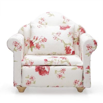 Odoria Dollhouse Armchair Sofa Miniature - 1/12 Scale Accent Chair for Vintage Country Living Room - Mini Club Lounge Chair Wood Furniture Upholstered Floral Red