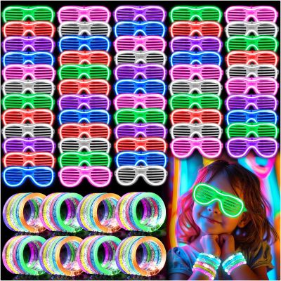 100 Pack Light up Glasses & LED Bracelets with 6 Colors & 3 Flashing Mode, Neon Bulk Gift for Kids and Adults Glow in the Dark Party favors, Halloween, Birthday, Wedding Supplies, Glow Bingo, Carnival