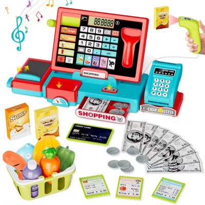 VOPOGLNE Cash Register Playset Toy for Kids, Real Calculator Register, Pretend Play Store with Music, Scanner, Play Money, Food, Preschool Learning Toy Playset Gift (Blue Red)