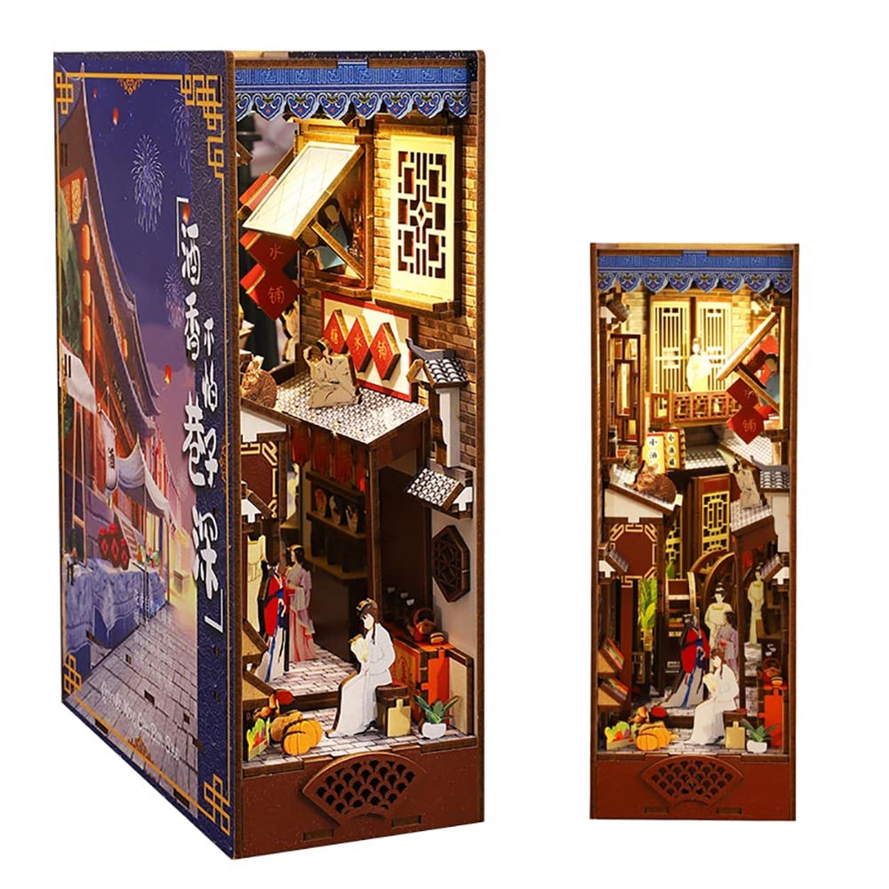 iiecrKiie Book Nook Kit for Adult, DIY Miniature Dollhouse Booknook Kit with LED Lights, 3D Wooden Puzzle Bookend for House Home Library Decor (Liquor Alley)