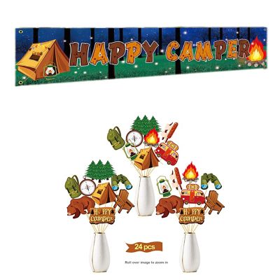 Camping Party Decorations Happy Camper, Camping Theme Birthday Banner and 24pcs Camp Theme Table Topper Party Supplies, Camp Adventure Baby Shower Indoor Outdoor Party Decor