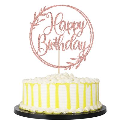 PALASASA Happy Birthday Cake Topper,Round leaves Glitter Happy Birthday Cake Decorations,Anniversary/Boy Girl Birthday Party Decoration Supplies (Rose gold)