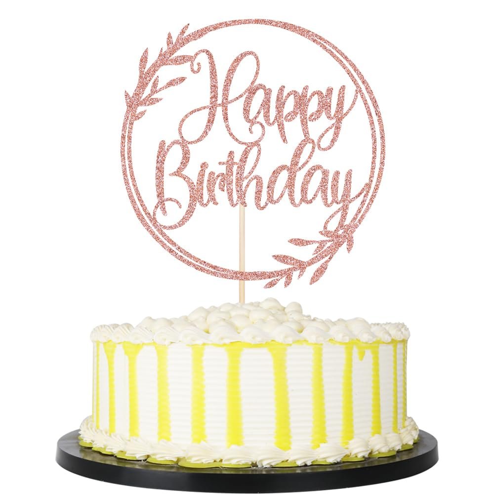 PALASASA Happy Birthday Cake Topper,Round leaves Glitter Happy Birthday Cake Decorations,Anniversary/Boy Girl Birthday Party Decoration Supplies (Rose gold)