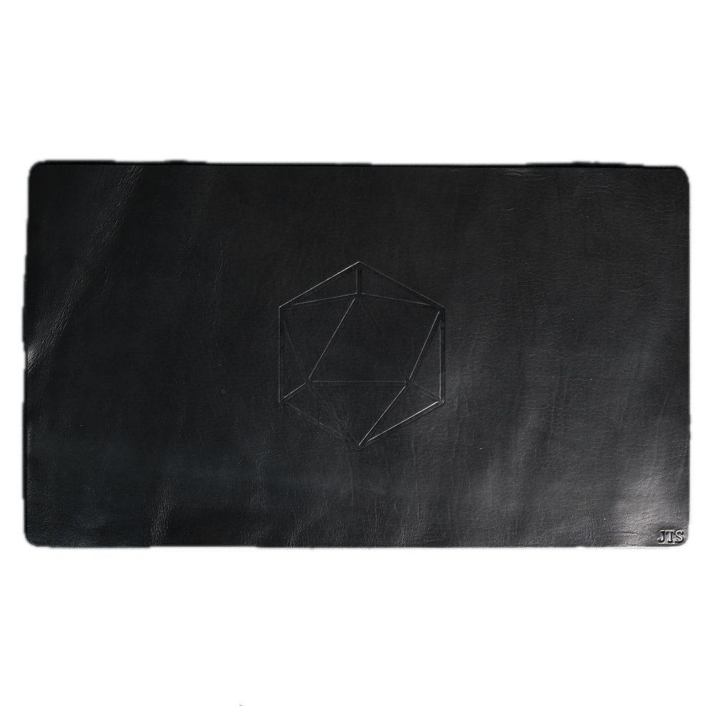 Leather Gaming Playmat 24" x 14" - Personalization Options with Unique Stamp Designs and Snap Closure Band - Ox & Pine Customized Full-Grain Leather (Black)