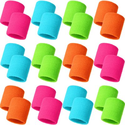 Bememo 24 Pcs Neon Wristbands for Kids End of The Year Student Gifts Bulk Tennis Wrist Sweatbands 80s Neon Youth Basketball Wrist Bands for Boys Girls 90s Glow Party School Supplies(Stylish Colors)