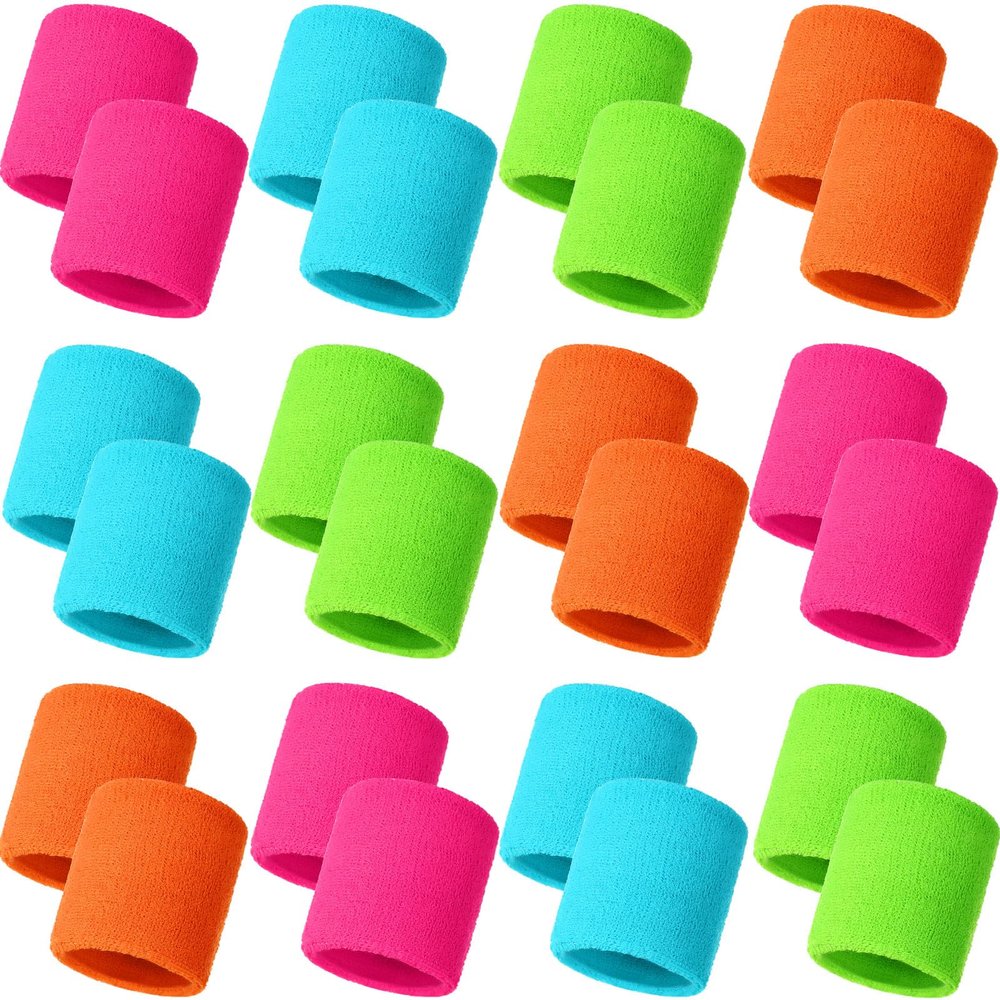 Bememo 24 Pcs Neon Wristbands for Kids End of The Year Student Gifts Bulk Tennis Wrist Sweatbands 80s Neon Youth Basketball Wrist Bands for Boys Girls 90s Glow Party School Supplies(Stylish Colors)
