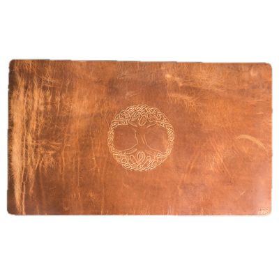 Leather Gaming Playmat 24" x 14" - Personalization Options with Unique Stamp Designs and Snap Closure Band - Ox & Pine Customized Full-Grain Leather (Cafe)