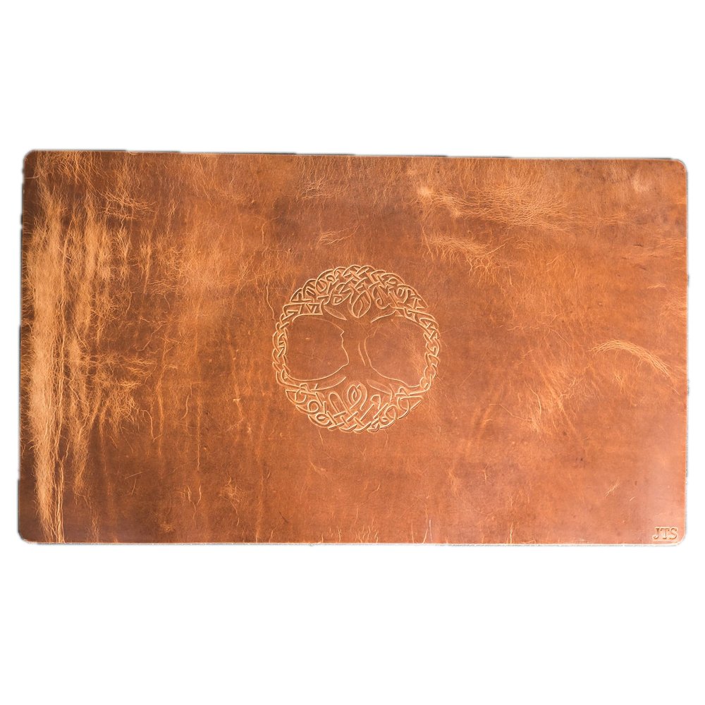 Leather Gaming Playmat 24" x 14" - Personalization Options with Unique Stamp Designs and Snap Closure Band - Ox & Pine Customized Full-Grain Leather (Cafe)