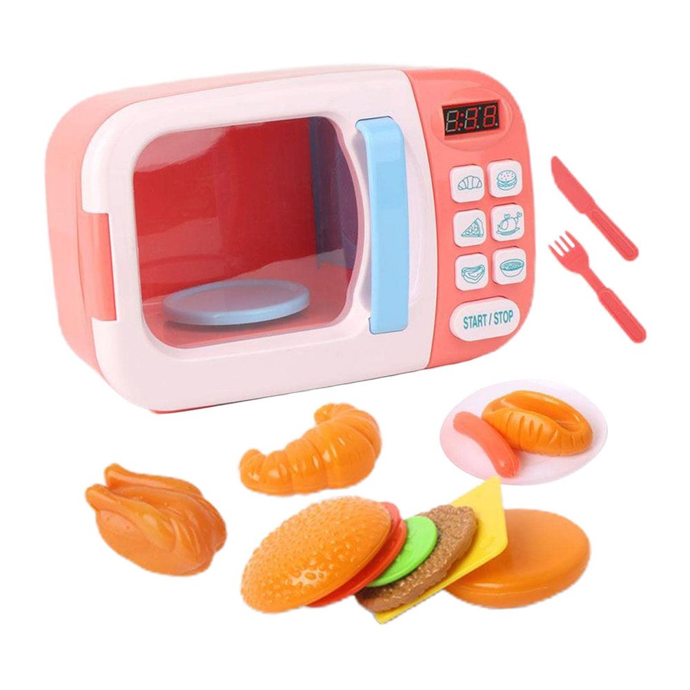EHJRE Microwave Kitchen Play Set Kitchen Toy Role Play Microwave Educational Kitchen Toy for Educational Gift Preschool Ages 3-6, Pink, 13Pcs