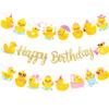3PCS Duck Happy Birthday Banners Rubber Duck Birthday Party Supplies Duck Birthday Hanging Banners Duck Birthday Party Decorations for Little Yellow Duck Baby Shower Supplies view 2