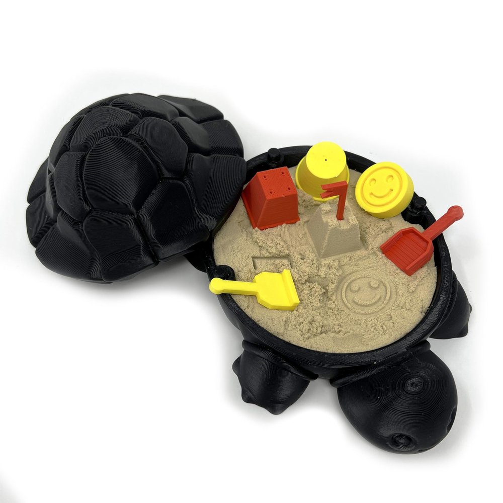 Munnygrubbbers - Mini Desktop Turtle Sand Box - 6 x 6 in - Stress Relief - Includes Soft Moldable Play Sand and Mini Tool Accessories - Novelty Gift - Desktop Decor - Zen Garden - (Black)