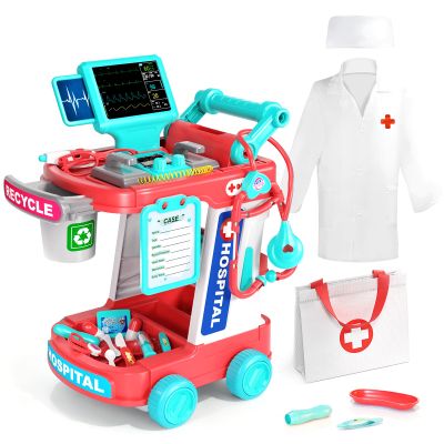 Doctor Kit for Kids, Pretend Doctor Playset for Toddlers with Cart, Costume and Stethoscope, Role Play Medical Toy for Girls Boys Toddlers 3-8 Birthday Gifts (Pink)