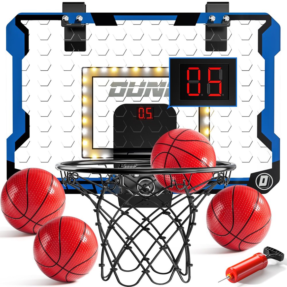 NIPLOOOW Indoor Basketball Hoop for Kids, Over The Door Mini Basketball Hoops, LED Light Mini Hoop with Scoreboard & 4 Balls, Kids Basketball Hoop Sport Toys Gifts for 5 6 7 8 9 10 11 12+Year Old Boys