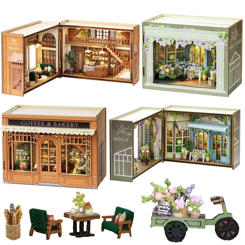 3D Miniature House Kit Page Turning Design Tiny House Kits to Build DIY Wooden Crafts for Adults Miniatures Model Kits with Furniture, Christmas & Birthday for Women (C)