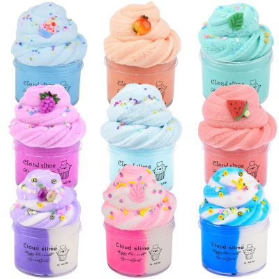 9 Pack Cloud Slime Kit, with Grapes and Watermelon Cute Slime Charms, Soft and Non-Sticky, DIY Surprise Toy, Party Favor for Girls and Boys, Birthday Gift, Stress Relief Toy