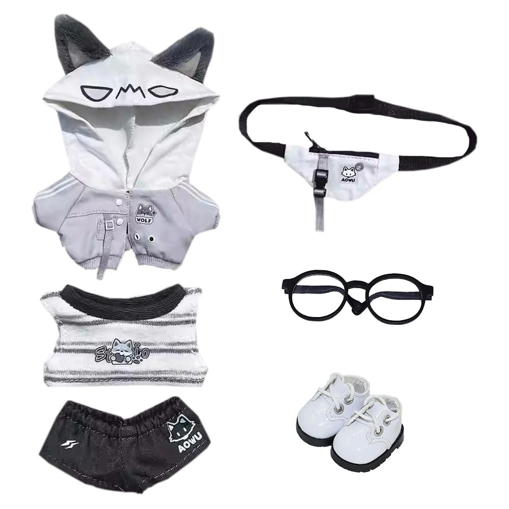 niannyyhouse 10cm 15cm 20cm Plush Doll Clothes Hoodie Vest Pants Backpacks Glasses Shoes Wolf Bear Outfit Soft Stuffed Toy Dressup Gift (Gray-10cm)