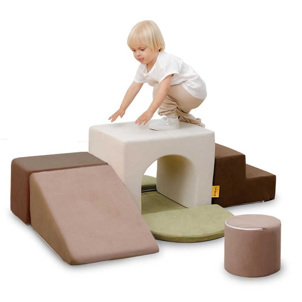 BanaSuper Kids Climbing Foam Blocks Playset - 7 Piece Toddler Climbing Toys, Indoor Gross Motor Development Montessori Gross Motor Toy for Babies & Toddlers (Grey)