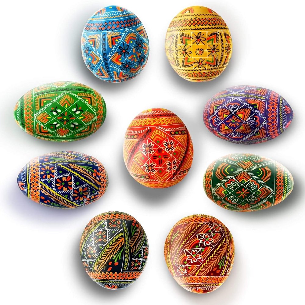 Ukrainian Easter Eggs, Hand Painted Wooden Pysanky, 2.5 Inches, Geometric Folk Art Design, Set of 9
