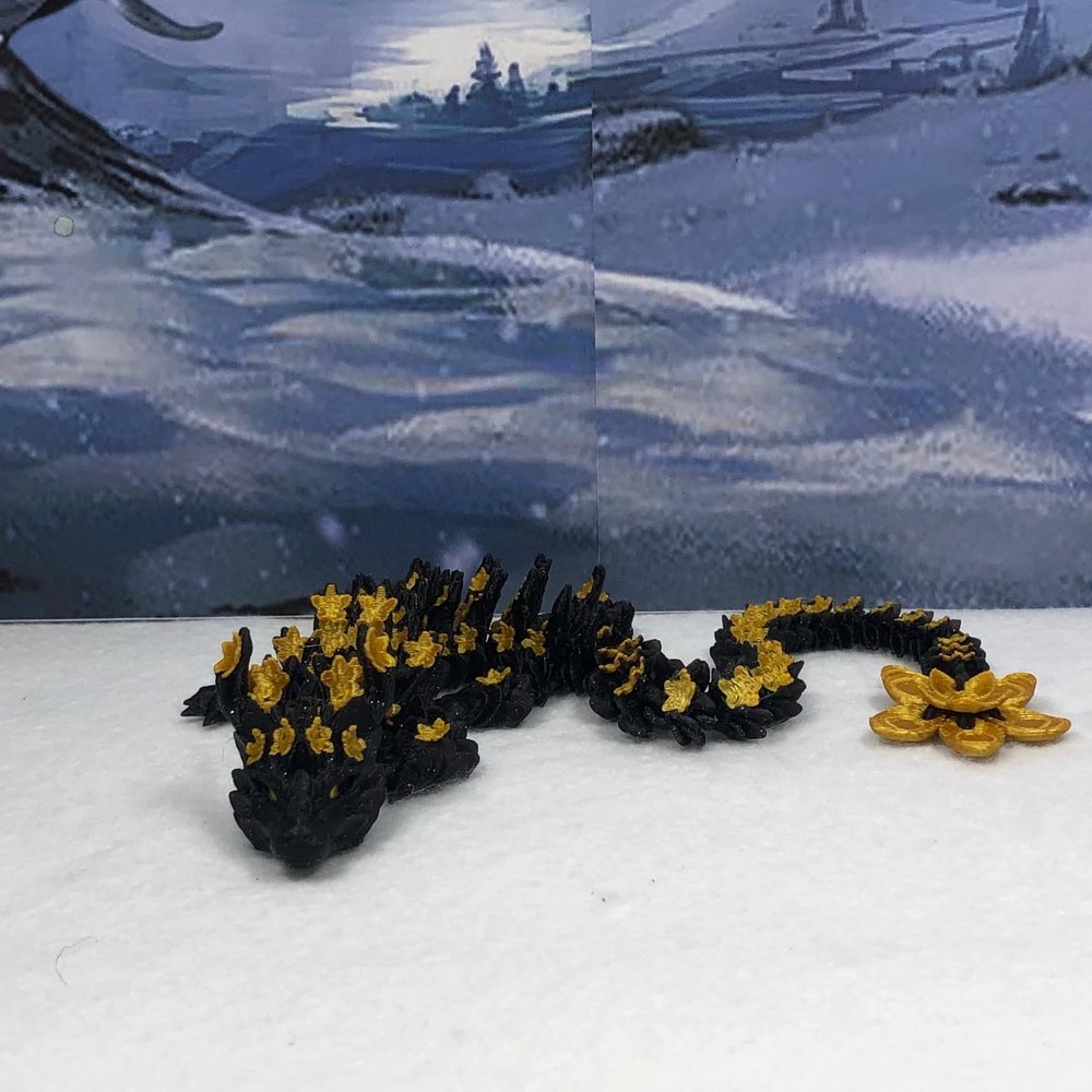 3D Articulated Dragon, 12" Black and Gold Cherry Blossom Dragon with Classic Egg, Fidget ADHD Toy for Autism, Gift Dragon Toy D043-DR
