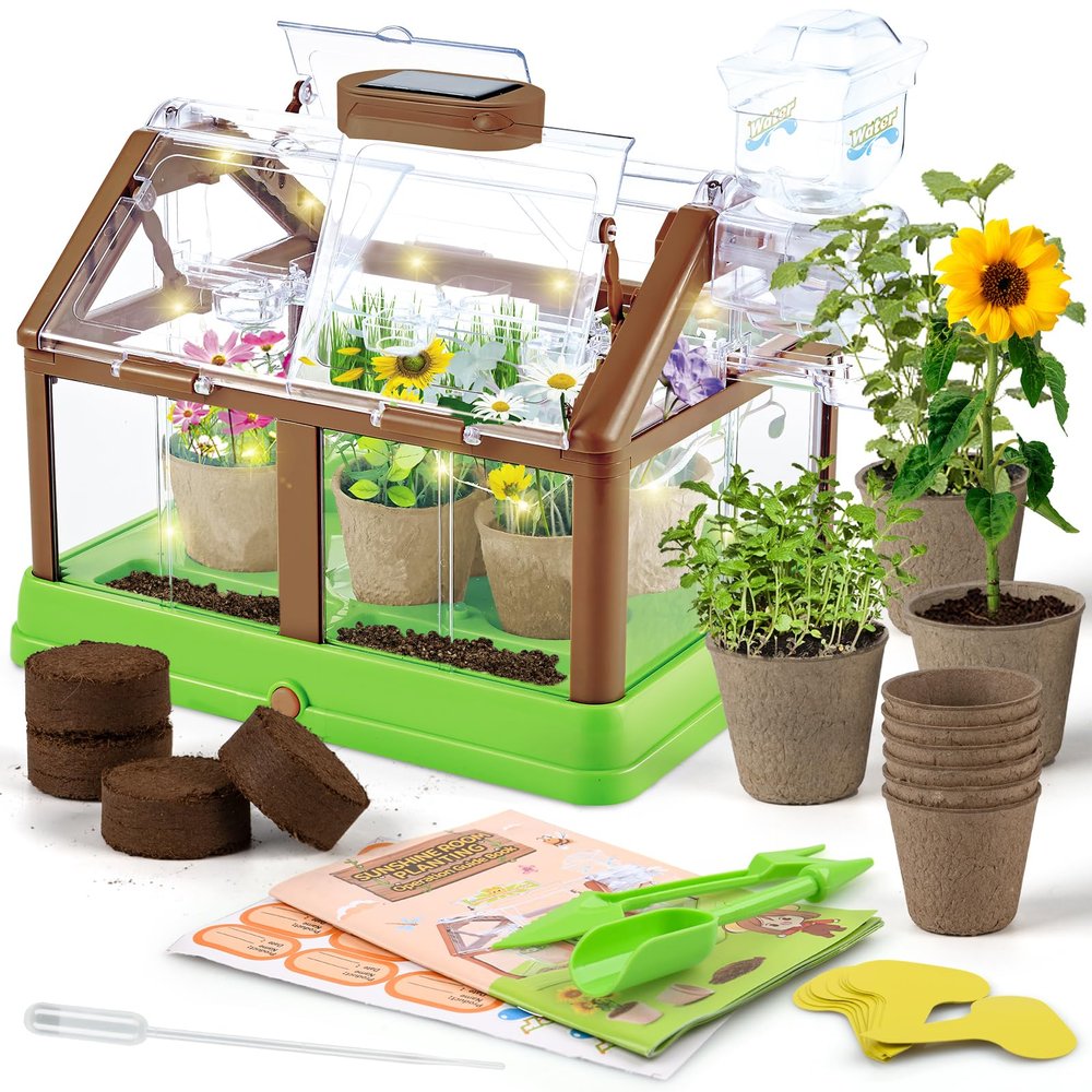 DUYOYU Kids Plant Growing Kit - Kids Greenhouse & Flower Growing Kit with Upgraded Irrigation & Grow Light  Perfect Gardening for KidsSolar Green