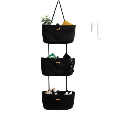 TeoKJ Over the Door Hanging Baskets with Button Strap, 3-Tier Woven Cotton Storage Organizer Bag, Wall-Mounted with Hook Decorative Hanging Nursery Baskets - Black