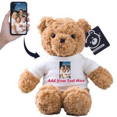 ToysCentral Basics Personalized Gifts for Women Men Stuffed Bear Plush Toys with Customized Text, Personalized Teddy Bear with T-Shirt as for Christmas Valentines Day Birthday (13 inch-Text+Photo), White
