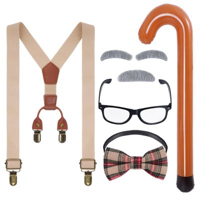 6pcs Kids Old Man Costume 100 Day of School Grandpa Costume for Boys 1920s Old Man Outfit Halloween Costume Dress Up Set Including Bow Tie Cane Beard Eyebrow Suspenders Glasses for Kids Boy Halloween