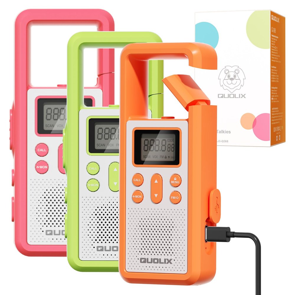 QUOLIX Walkie Talkies for Kids 3 Pack Rechargeable with SOS/NOAA/VOX Hands-Free, Durable Kids Walkie Talkies for 3-12 Year Old Boys Girls, Outdoor Backyard Camping Trio Family Fun Birthday Gifts