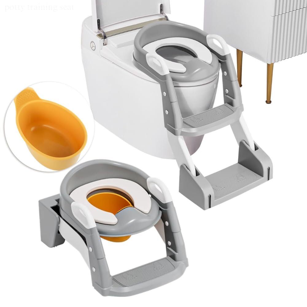 3 in 1 Toddler Potty Training Seat Chair with Ladder and Basin for Boys and Girls, Adjustable Kids Potty Training Seat for Toilet with Anti-Slip Wide Steps and Safety Handles (Grey)