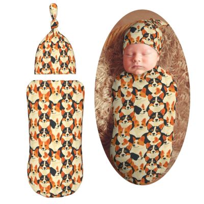 Muishi Cute Vintage Corgis Newborn Swaddle Blankets Hat Sets Soft Baby Receiving Blanket Swaddle Sack for Baby Shower Infant Boy Girl Gift