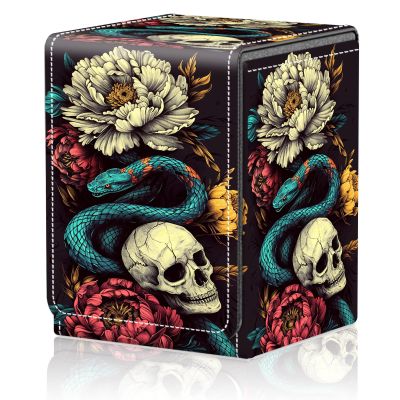 Card Deck Box for MTG Trading Cards, Magic Card Box Can Hold 110+ Single Sleeved Cards, Waterproof PU Leather Material, Strong Magnetic Buckle Card Set Box Suitable for TCG CCG, Rose Snake Skull