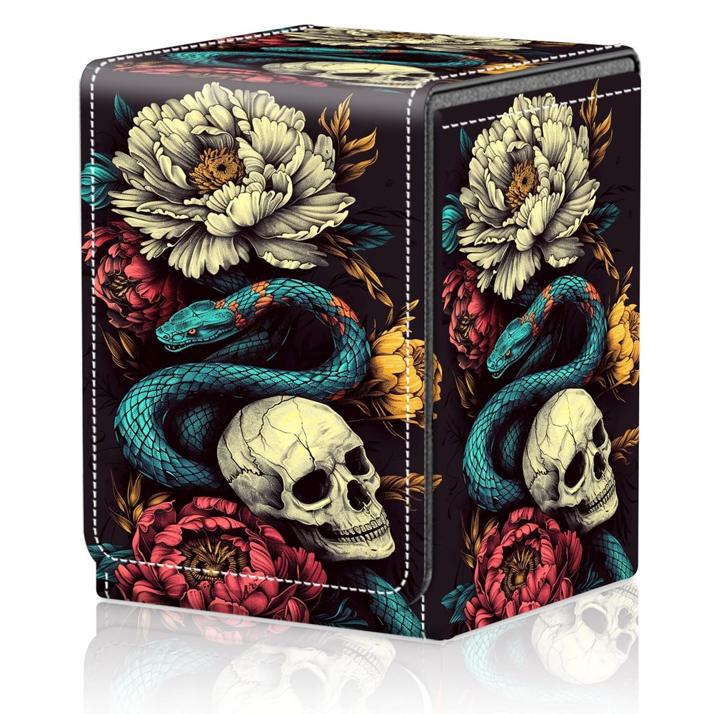 Card Deck Box for MTG Trading Cards, Magic Card Box Can Hold 110+ Single Sleeved Cards, Waterproof PU Leather Material, Strong Magnetic Buckle Card Set Box Suitable for TCG CCG, Rose Snake Skull