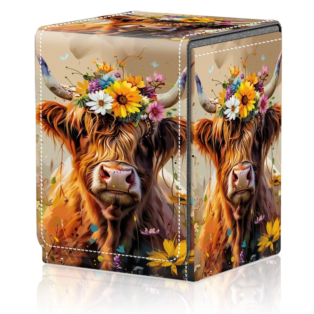Card Deck Box for MTG Trading Cards, Magic Card Box Can Hold 110+ Single Sleeved Cards, Waterproof PU Leather Material, Strong Magnetic Buckle Card Set Box Suitable for TCG CCG, Cute Cows Flowers