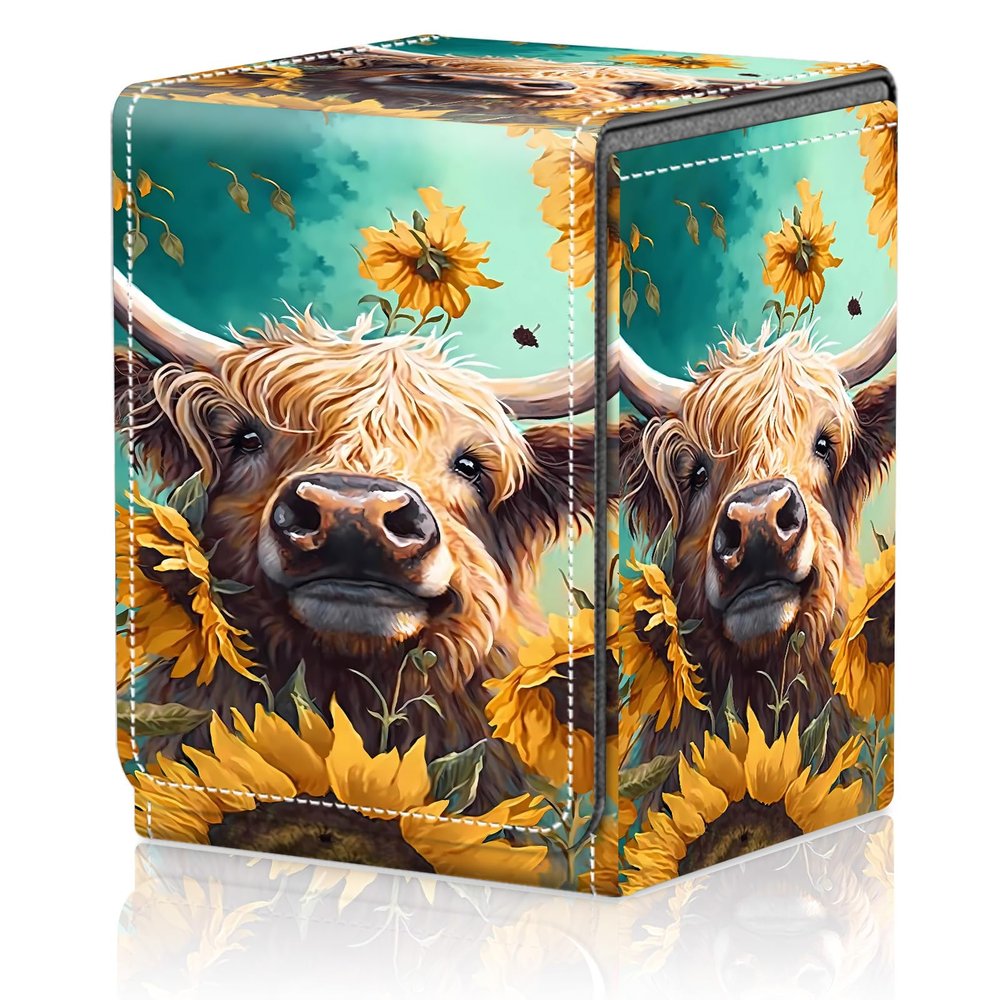 AIRWEE Card Deck Box for MTG Trading Cards, Magic Card Box Can Hold 110+ Single Sleeved Cards, Waterproof PU Leather Material, Strong Magnetic Buckle Card Set Box Suitable for TCG CCG, Sunflowers Cow