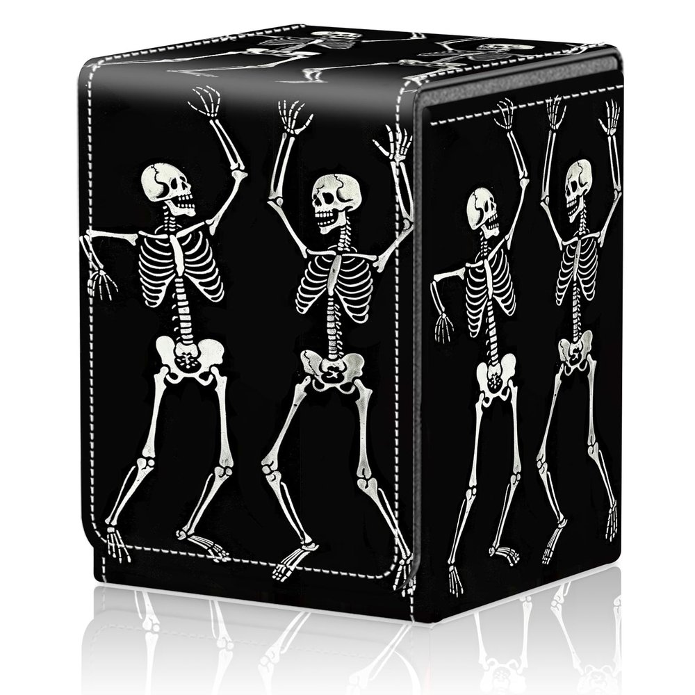 Card Deck Box for MTG Trading Cards, Magic Card Box Can Hold 110+ Single Sleeved Cards, Waterproof PU Leather Material, Strong Magnetic Buckle Card Set Box Suitable for TCG CCG, Dancing Skeleton