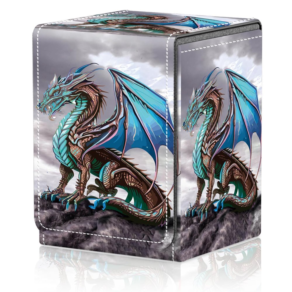 AIRWEE Card Deck Box for MTG Trading Cards, Magic Card Box Can Hold 110+ Single Sleeved Cards, Waterproof PU Leather Material, Strong Magnetic Buckle Card Set Box Suitable for TCG CCG, Blue Dragon