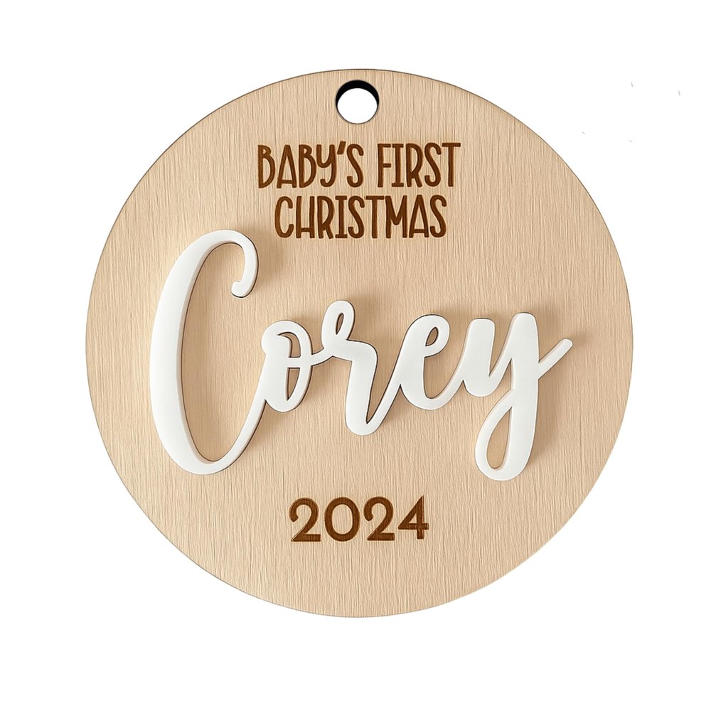 Baby's First Christmas Ornament, Personalized Name and Year, Handmade Wood Bauble, Custom Name Ornament, Newborn Gift, 1st Christmas Name Ornament, New Baby Gift, Christmas Tree Decor (Design 15)