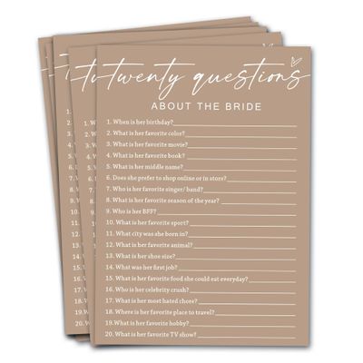 Wybgno Bridal Shower Games Cards, Twenty Questions about The Bride, Engagement Party Wedding Games for 25 Guests, Minimalist Brown Wedding Party Supplies