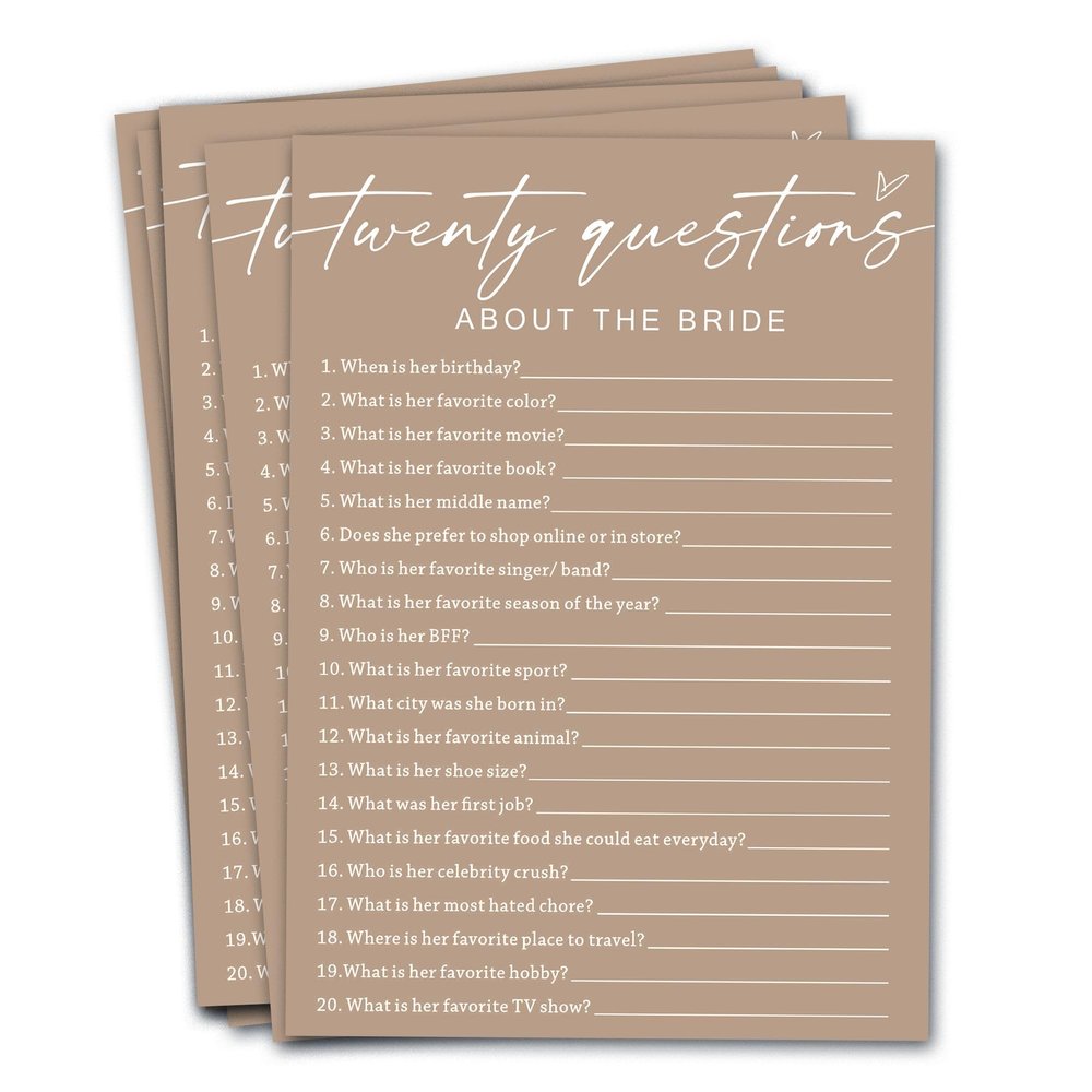 Wybgno Bridal Shower Games Cards, Twenty Questions about The Bride, Engagement Party Wedding Games for 25 Guests, Minimalist Brown Wedding Party Supplies
