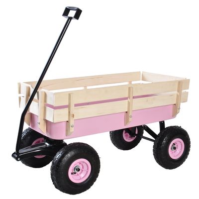 Kids Wagon, Portable All Terrain Cargo Wagon for Kids, Wood Railing Pulling Garden Cart, Heavy Duty Outdoor Wagon Cart, Pink