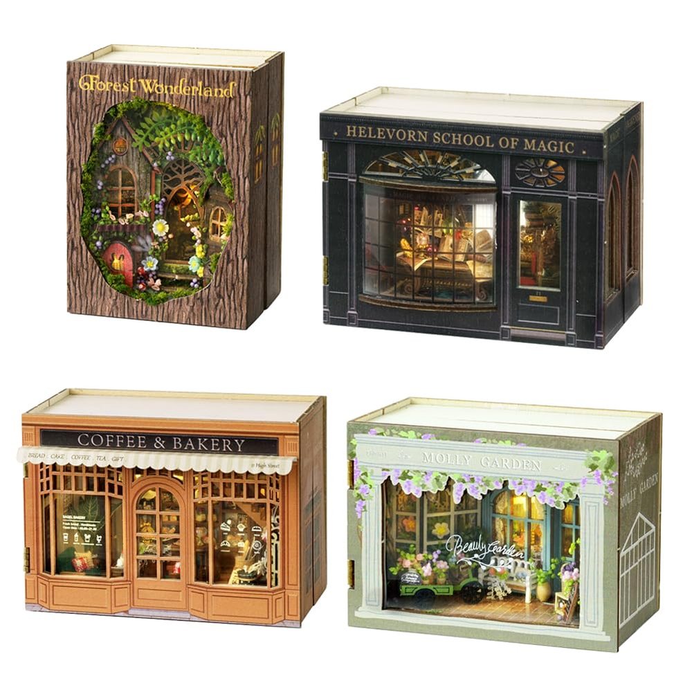 4pcs 3D Miniature House Kit Page Turning Design Tiny House Kits to Build DIY Wooden Crafts for Adults Miniatures Model Kits with Furniture, Christmas & Birthday for Women Gift