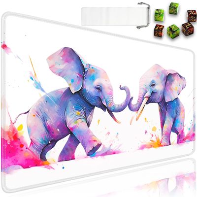 for MTG Playmat + Drawstring Travel Pouch + 6 Dice Counter, for Trading Card Game Playmats or Mouse Pad, Anti-Slip Rubber 24 x 14 in, Painted Cute Elephant for TCG Playmat (No with Zone)