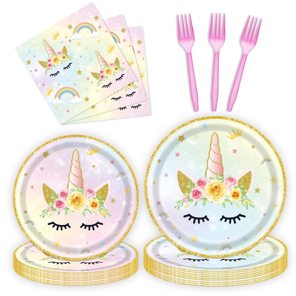 96 Pcs Birthday Plates and Napkins Party Supplies, Gold Horned Horse Disposable Forks Paper Dessert Tableware Decorations Table Dinnerware Favors Set, Serves 24